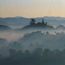 Les pagodes de M'rauk U, a l'est du Myanmar, au-dessus des brumes matinales. / The pagodas of M'rauk U, to the west of Myanmar, rising above the morning mist.