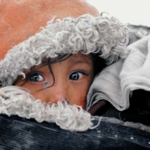 Larme de froid par moins trente degres, dans l'alpage de Tasapuk au Ladakh, au mois de fevrier, Inde. / Cold tear in February at minus thirty degrees, in the Tasapuk mountain pasture in Ladakh, India.