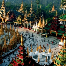 Enceinte de la pagode Shwedagon, a Yangon, le sanctuaire bouddhiste le plus venere du Myanmar. / Enclosure of the Shwedagon pagoda, Yangon, the holiest Buddhist sanctuary in Myanmar.